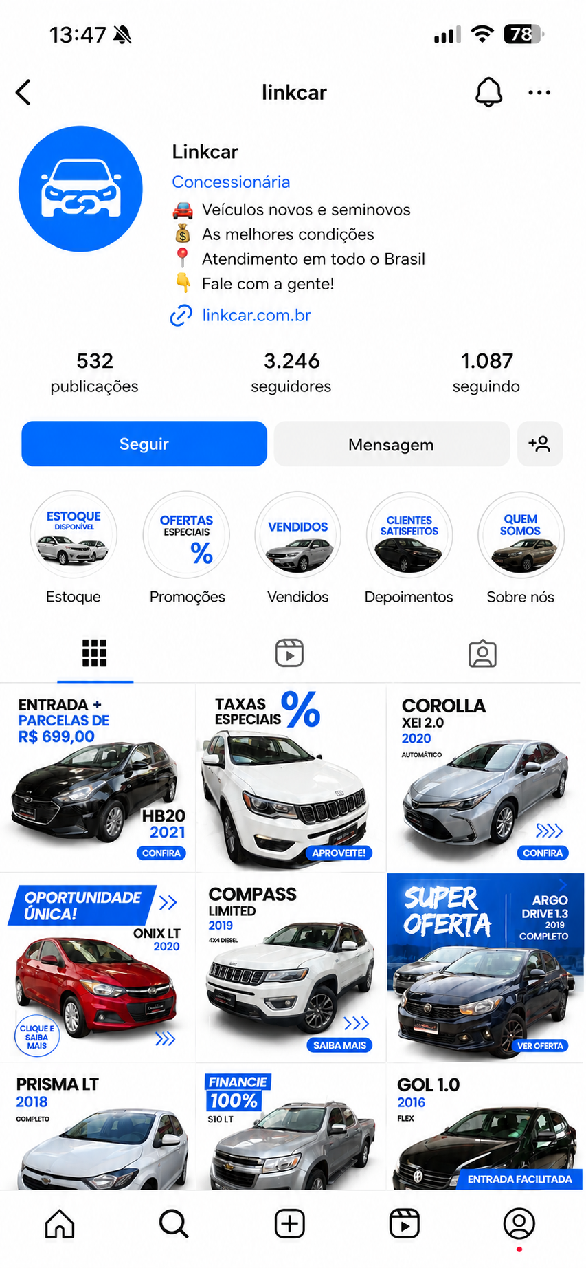 Perfil da loja no Instagram